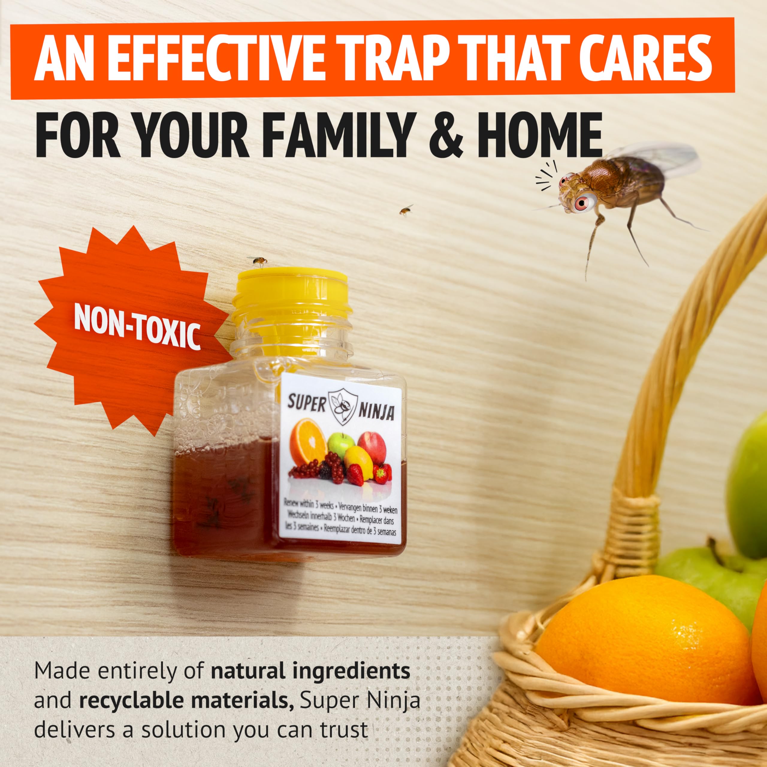Super Ninja Fruit Fly Trap - 2 pack, Highly Effective Fruit Fly Killer for Home & Kitchen, Up to 3 Weeks of Performance per Bottle, Child & Pet Friendly